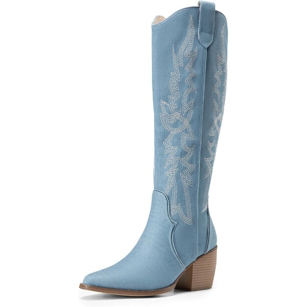 DREAM PAIRS Womens Denim Blue Cowboy Boots Wide Calf Knee High Ladies